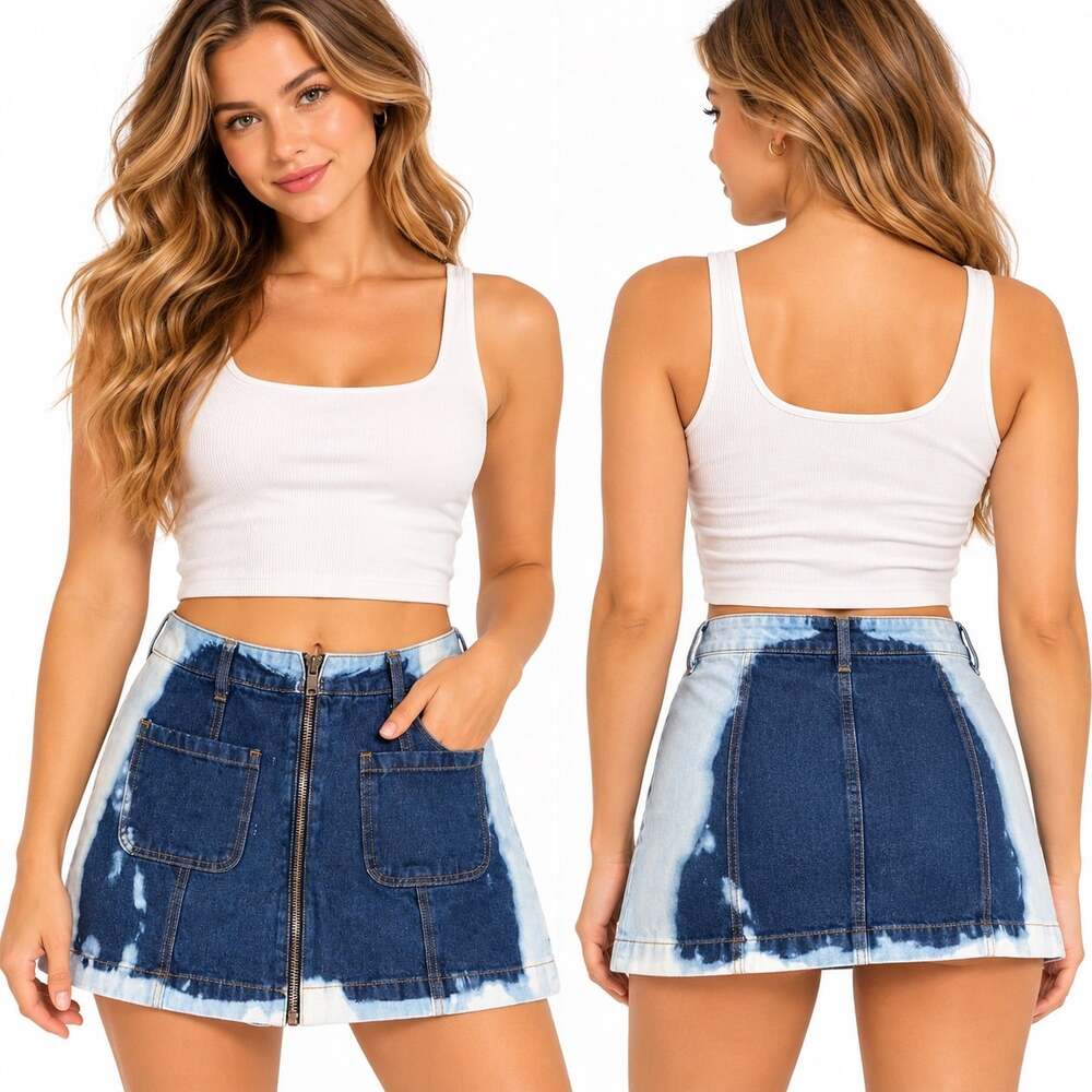 Forever 21 Womens Denim Mini Skirt Blue Bleach Wash Full Zip Front Size 27